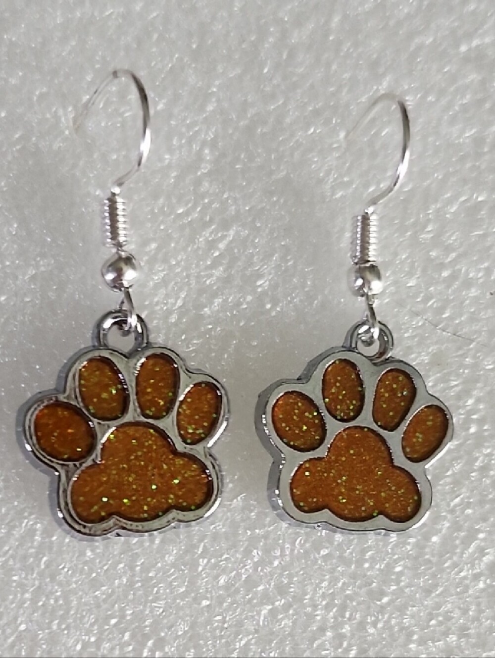 Hand Crafted Orange Glitter Paw Print Drop Earrings